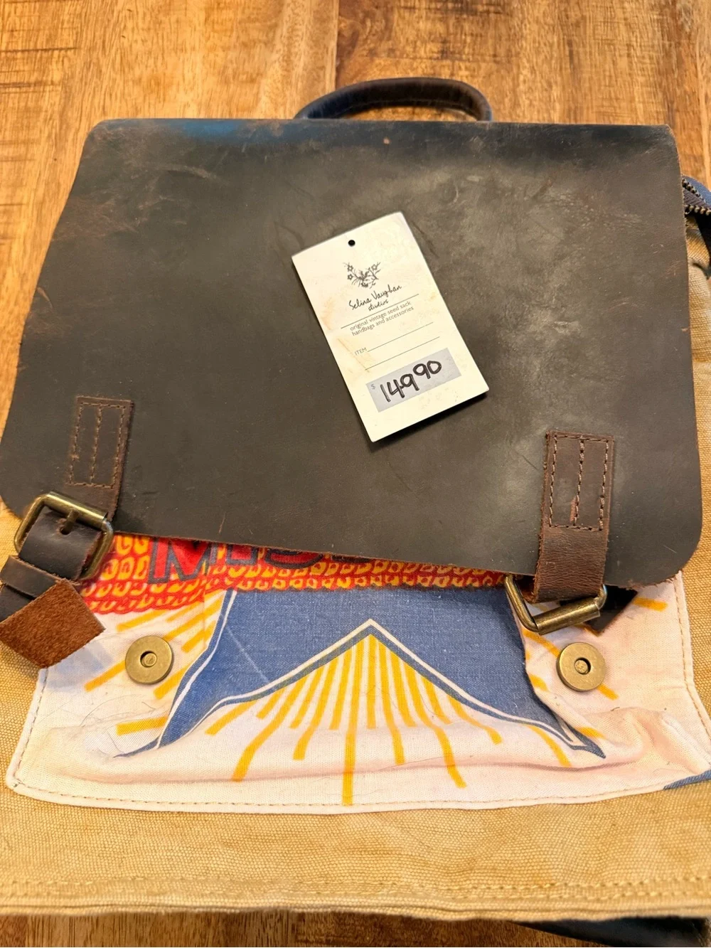 one of a kind - heavy duty Brown Leather & Tan Canvas Backpack with Blue Accent
